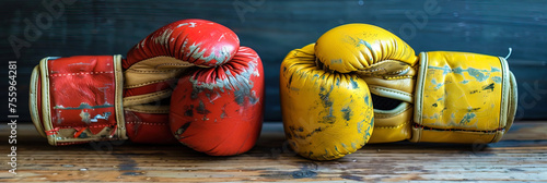 A collection of vintage boxing gloves arranged on a wooden surface