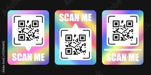 Set of vector QR code frames, scan me phone tag template. Qr code mockup, Y2K holographic rainbow smartphone identifier icon with barcode on dark background.