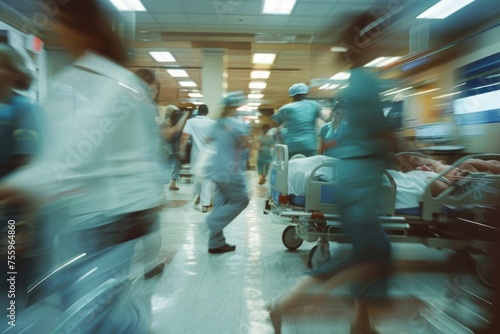 A group of dedicated healthcare professionals rush through a blurry hospital setting, attending to patients and managing the chaos of the emergency room with urgency and focus