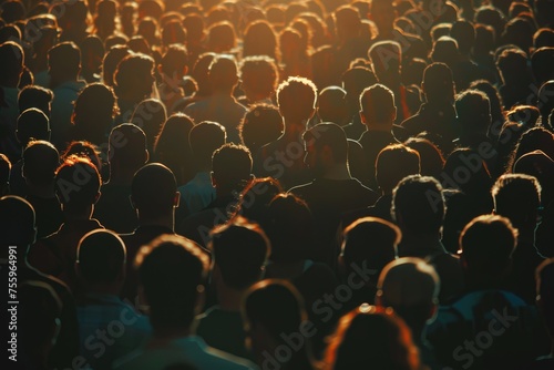 Large group of people standing in front of a bright sun. Suitable for various concepts and designs.