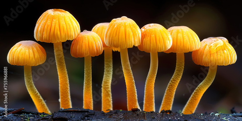 A group of yellow mushrooms emerging from the ground