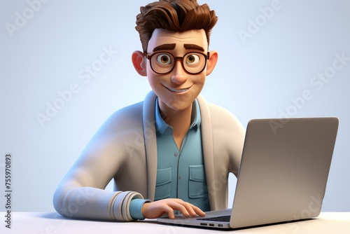 A young handsome man is using a laptop and working. 3d illustration. cartoon man with laptop