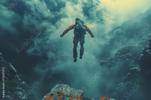 An adventurous soul leaps into the abyss of fog-shrouded mountains, embodying the thrill of free fall