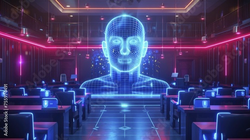 In a conceptual scene of a future courtroom, facial recognition technology assists in witness and criminal identification, set in a neon-tone, digital graphic style.