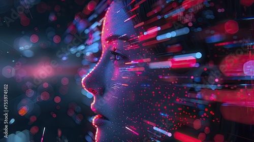 Quantum computing empowers AI to comprehend human emotions deeply with neon tones and digital graphics.
