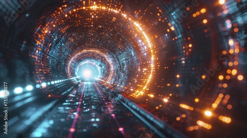 AI effectively harnesses quantum tunneling to tackle intricate logistics, with a neon hue and digital graphics flair.
