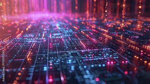 An animated portrayal of a quantum computer decrypting codes that were once considered unbreakable, neon tone