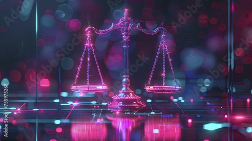 An illustration of a digital scale balancing AI fairness, with bias weights being removed to achieve equity, neon tone