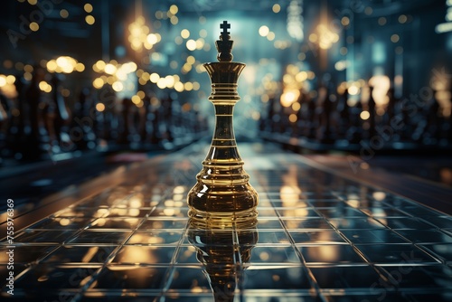 A single golden chess piece stands on a checkered tiled floor, showcasing its intricate design and contrasting against the geometric pattern.