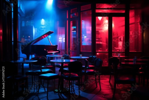 A neon lit jazz club with a sultry atmosphere