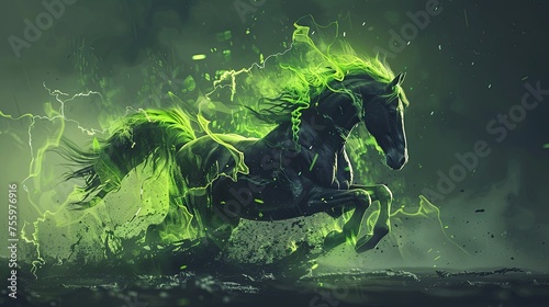 A mystical horse with a green glow. A hoofed animal (stallion or mare) running fast. Illustration for cover, card, postcard, interior design, banner, poster, brochure or presentation.