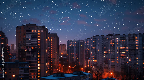 Residential area, panel buildings in Kyiv. Evening, lights on in some windows, against the background of the starry sky