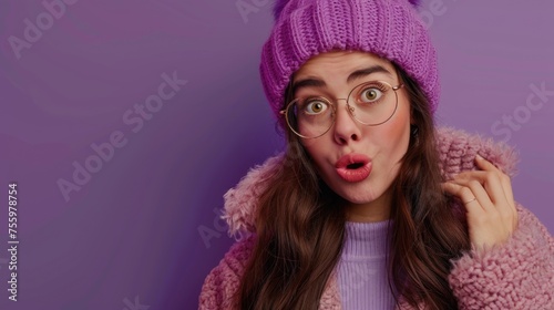 Playful woman wearing glasses and hat making a silly expression, suitable for social media posts or advertising campaigns.