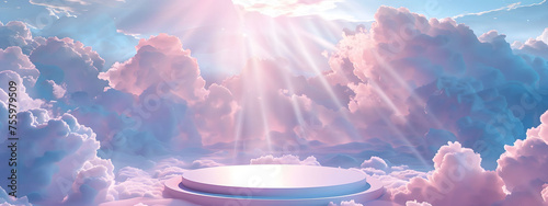 3D pink podium with a dreamy sky background, providing a minimal and abstract scene for showcasing products or creating a beauty-themed display. Elegance stage with pastel tones and cloud elements.
