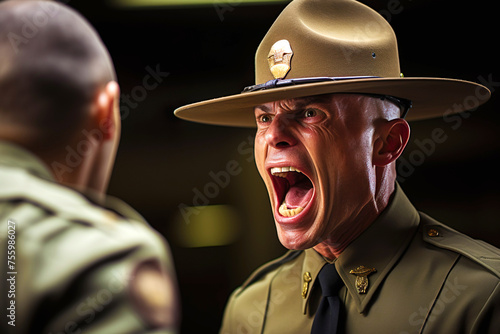 Drill sergeant screaming at a cadet on dark blurred background