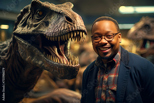 African american paleontologist standing next to a dinosaur at the museum on blurred background