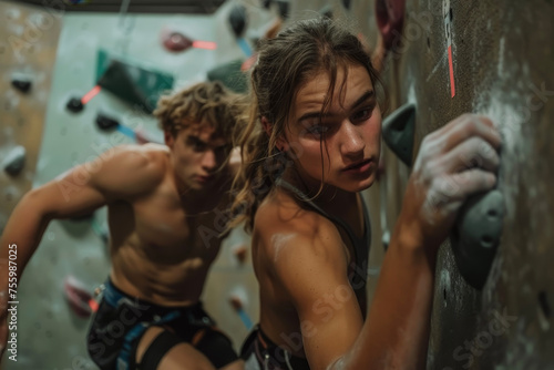 A young man and woman at a rock climbing gym, scaling a challenging wall.