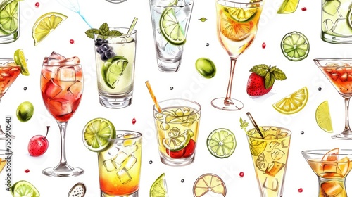 Colorful watercolor drawing of a variety of cocktails. Perfect for bar menus or cocktail recipe books.