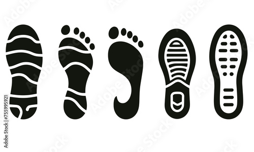 Human footprints icon set. Foot imprint, footsteps flat line black vector collection isolated on transparent background. Human footprints silhouette. Barefoot, sneaker and footstep for web and app