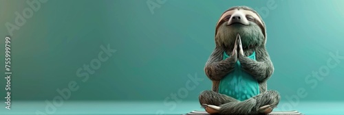 A cute sloth doing yoga, with a teal background