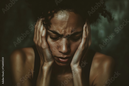 the emotional toll of chronic pain, with a person expressing frustration, sadness, or fatigue while managing their condition 