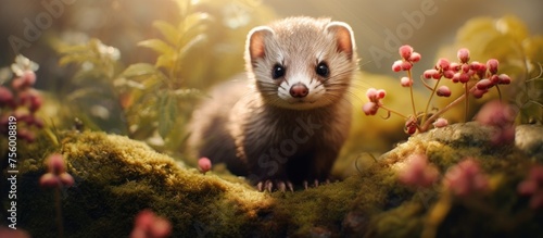 A carnivore Mustelidae, resembling a weasel, with whiskers and fur, sits in the grass, a terrestrial plant, staring at the camera in its natural habitat