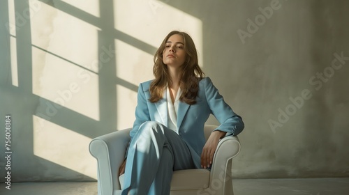 Sie sitzt in einem leeren Raum auf einem weißen Stuhl und trägt einen blauen Anzug, Konzept Model vor Betonwand