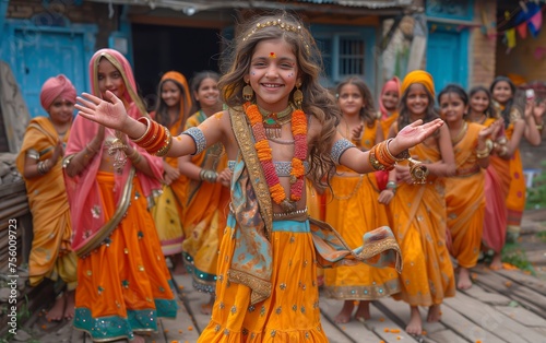 gruppo di bambini sorridenti vestiti e truccati per cerimonia rituale indiana