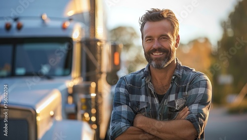 A smiling truck driver standing in front of his semitruck, with the focus on him and his confident expression. 
