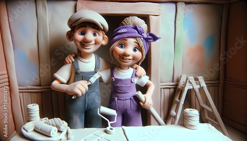 Personnage en pâte à modeler : Couple rénovant sa maison