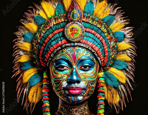 Tattoo of a human face wearing a massive aztec headdress.