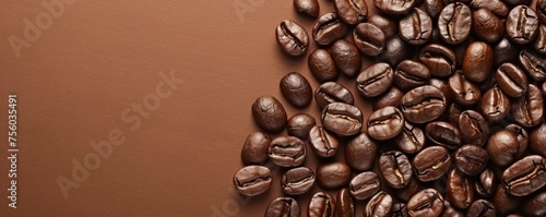 Closeup of glistening coffee beans arranged with space for text on the right, showcasing their rich textures and deep brown tones