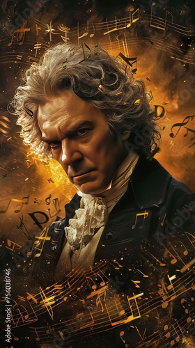 movie poster for historical film about beethoven and his music. he is surrounded by musical notes and instruments, 