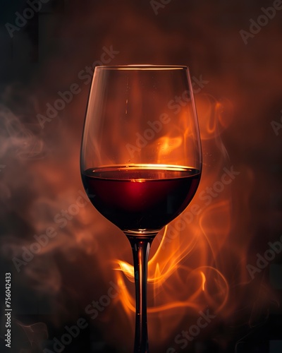 Close-up of a glass of red liquid wine served with subtle smoke hovering in the background. Elegant glass of wine in an atmosphere of refinement and sensory pleasure.