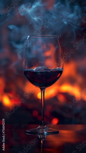 Close-up of a glass of red liquid wine served with subtle smoke hovering in the background. Elegant glass of wine in an atmosphere of refinement and sensory pleasure.