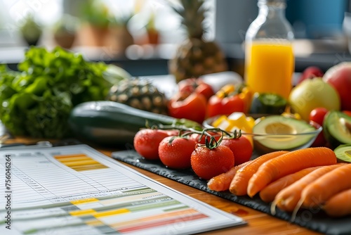 Fresh Vegetables and Fruits with Calculator and Grocery List, To convey the message of healthy eating and meal planning through a visually appealing