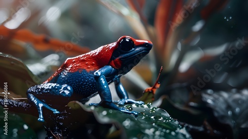 macro of a red and blue poison dart frog sitting in a tropical rainforest 