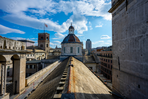 Aerial View of the Historic Rooftops and San Lorenzo Cathedral Dome in Genoa, Italy