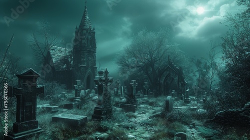 A haunted graveyard with ghostly apparitions and crypts,