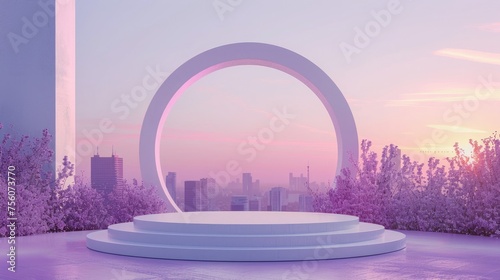 Empty product stands with matte lavender arches look quaint and feature a cityscape at dusk.