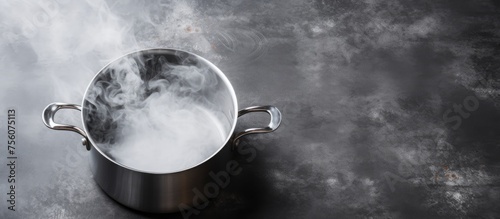 A pot of boiling water releasing steam, essential for cooking many recipes and dishes. A key element in using cookware and bakeware for various cuisines