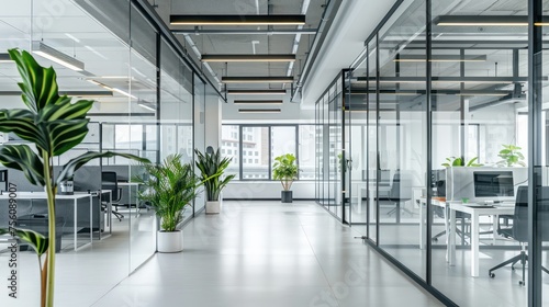 cozy comfortable working space in brightly lit open space office, glass walls, white and brown