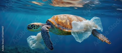 The Kemps ridley sea turtle, an electric blue reptile, is swimming underwater in azure waters with a plastic bag around its neck a tragic event in marine biology
