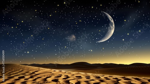 Moonlit desert oasis serene crescent moon over sandy dunes, twinkling stars, mystical atmosphere