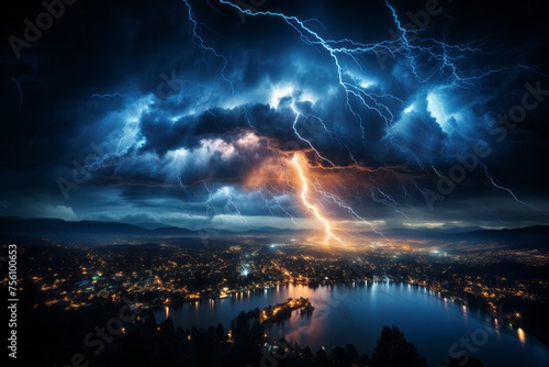 Electric blue lightning storm over a lake, city in background