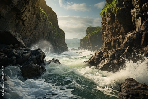 Water waves crash against canyon rocks in a natural coastal landscape