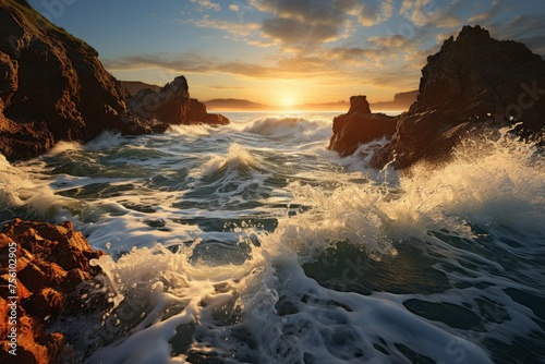 The sun sets on the ocean as waves crash against the rocks