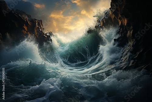 Water wave colliding with a rocky cliff in the vast ocean landscape