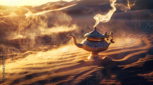 A gold tea pot sits on a sandy beach, with smoke rising from it. Concept of relaxation and tranquility, as the tea pot is a symbol of warmth and comfort