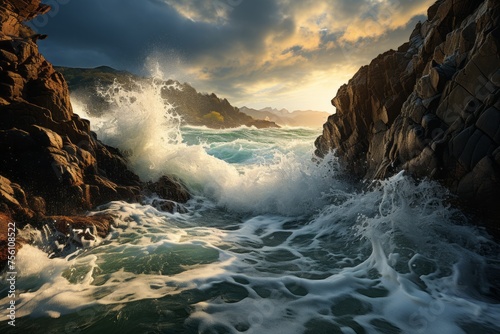 Water surges against rugged shore, creating a dramatic natural landscape